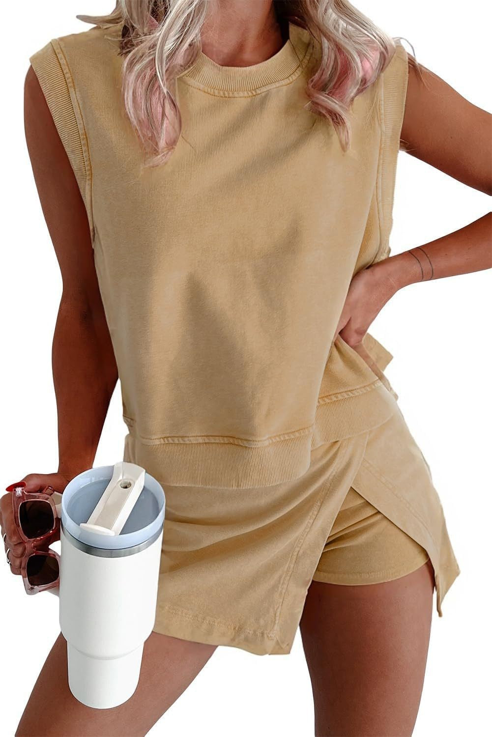 Women's casual jersey fabric two-piece set with sleeveless boxy top and wrap mini skirt with integrated shorts Mune Fashion