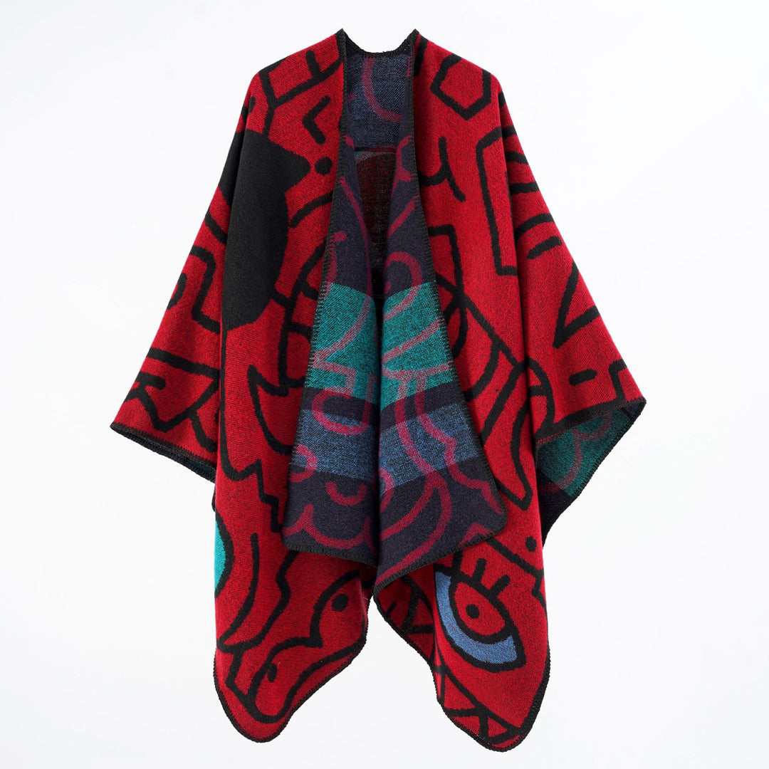 Women's Reversible Knit Poncho in Cozy Cape with Graphic Jacquard Pattern