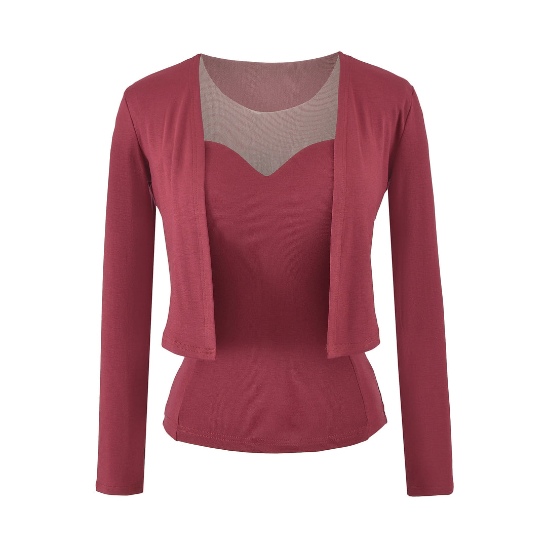 Ladies Two-Piece Fine Knit Top Set with Mesh Insert and Open Cardigan Mune Fashion