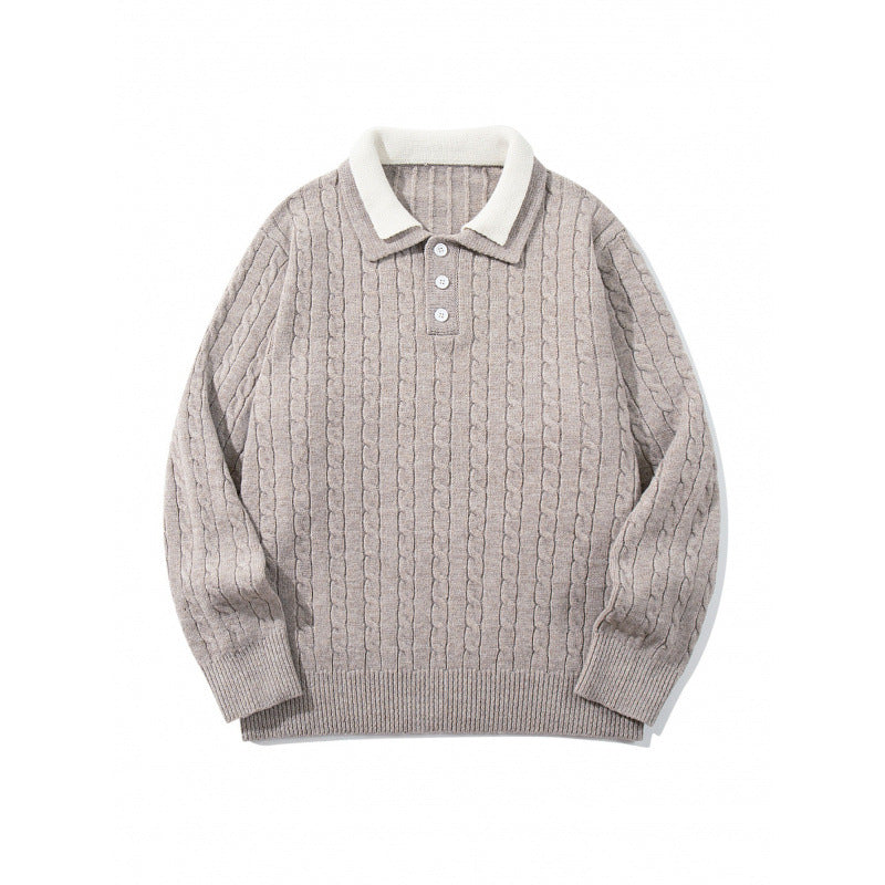 Men's Chunky Knitted Polo Collar Sweater with Cable Pattern and Button Placket Mune Fashion