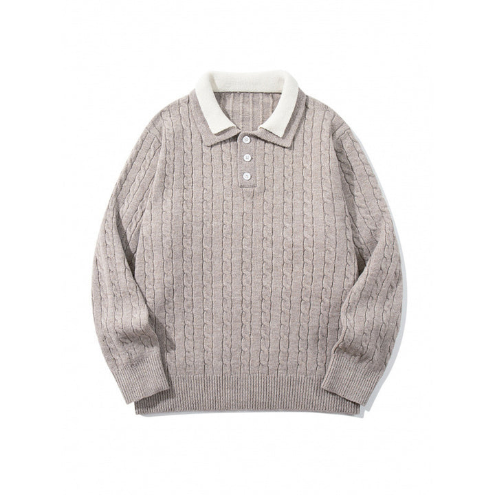 Men's Chunky Knitted Polo Collar Sweater with Cable Pattern and Button Placket Mune Fashion