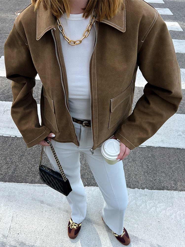 Women's Boxy Velvet Leather Blouson with Contrast Seams and Front Zipper Mune Fashion