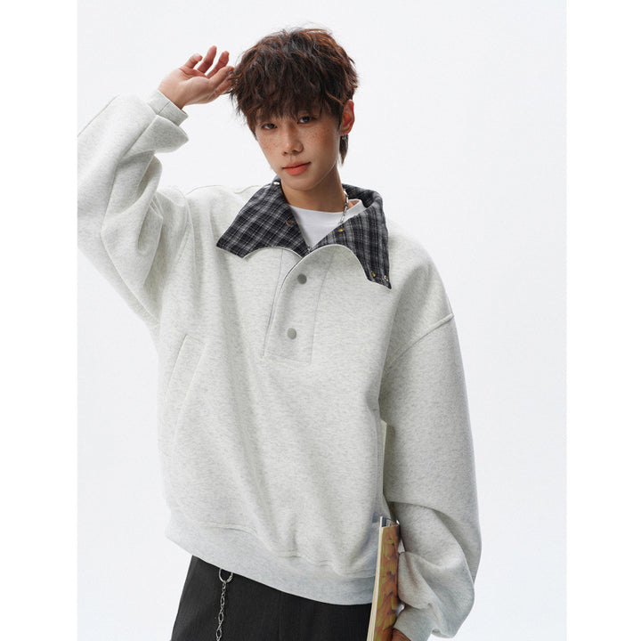 Unisex Oversized Sweatshirt with detachable checked collar and snap button placket Mune Fashion