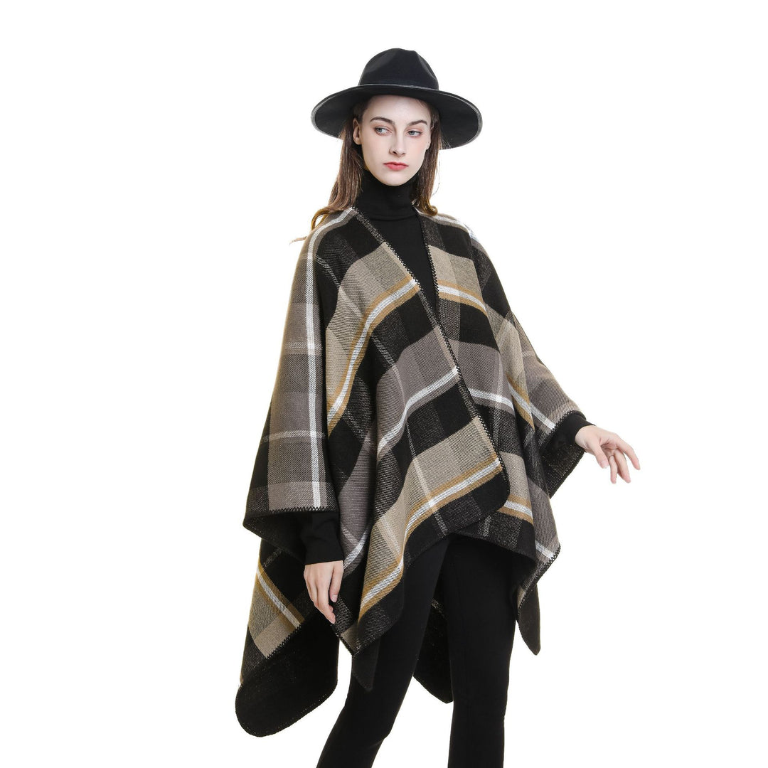 Women's Oversize Rectangle Poncho in Cape Look with Overlock Hem and Check Pattern Mune Fashion