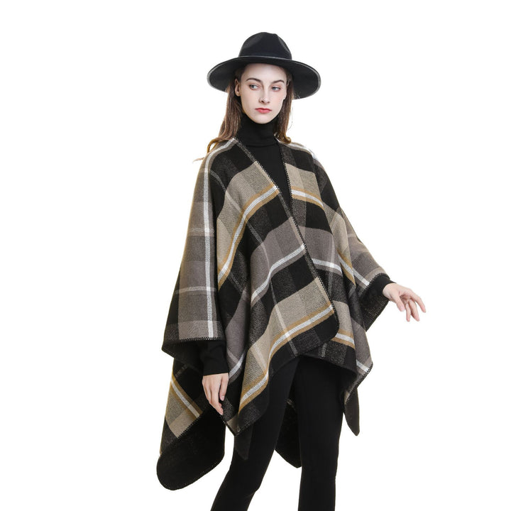 Women's Oversize Rectangle Poncho in Cape Look with Overlock Hem and Check Pattern Mune Fashion