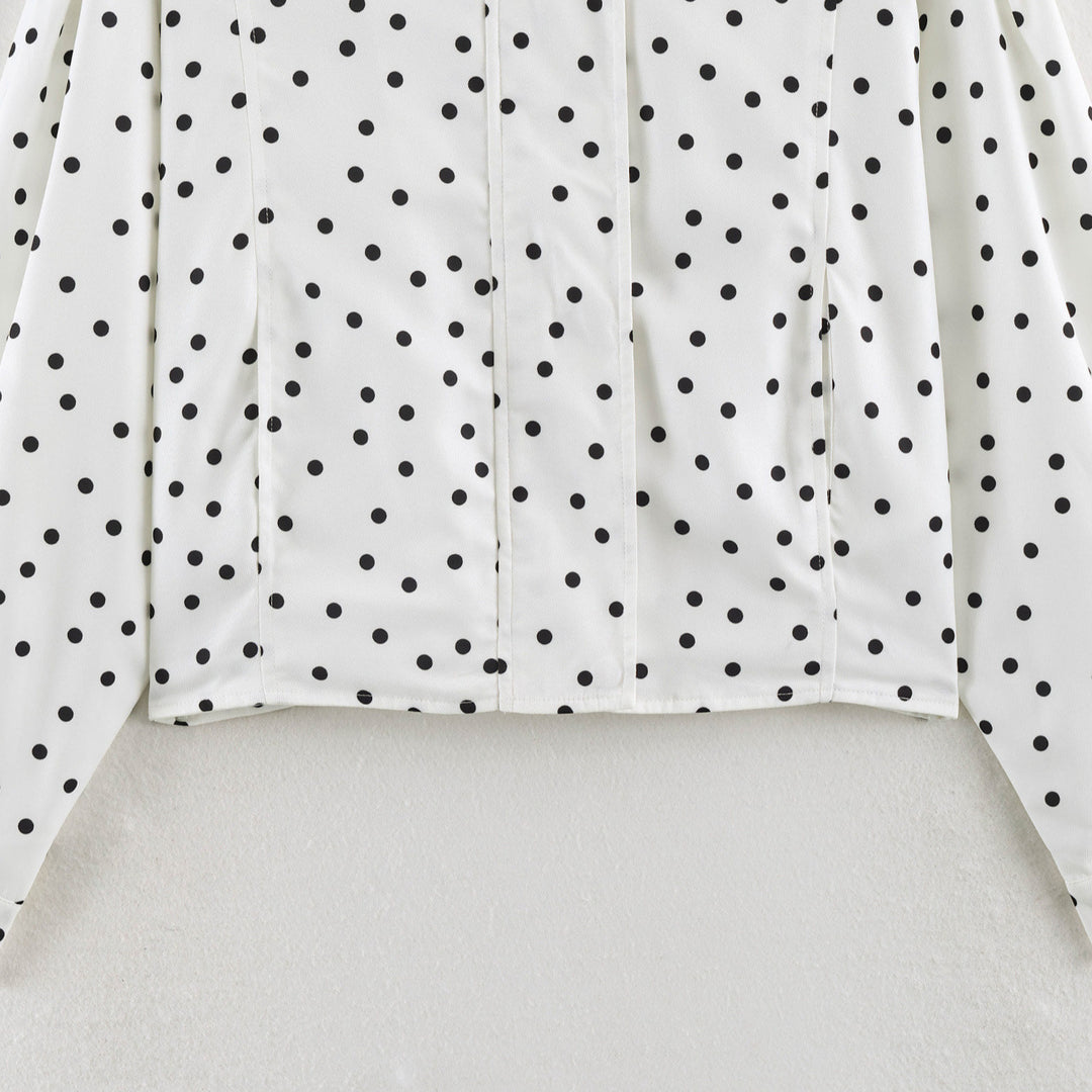 Women's Polka Dot Cropped Blouse with Stand Collar and Concealed Button Placket Mune Fashion