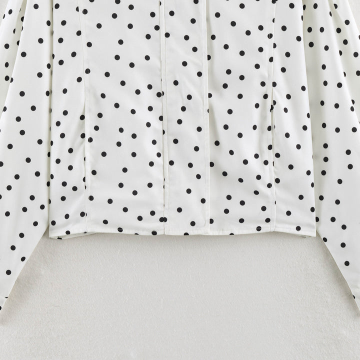 Women's Polka Dot Cropped Blouse with Stand Collar and Concealed Button Placket Mune Fashion