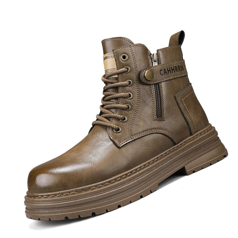 Men's robust leather look combat boots with side zipper and padded platform sole Mune Fashion