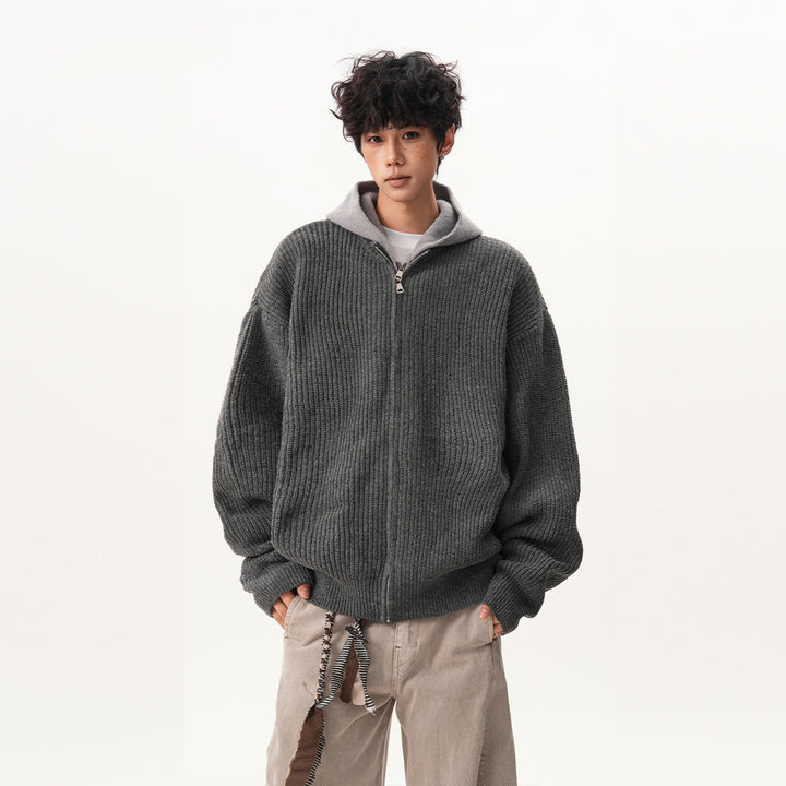 Men's Oversized Knit Jacket with Hood and Zipper Mune Fashion