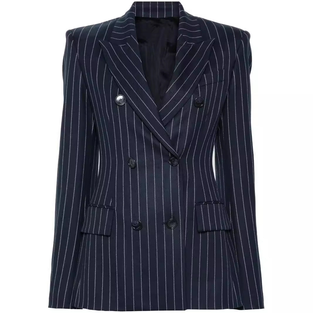 Women's Pinstripe Double-Breasted Blazer with High-Waist Flared Pants Mune Fashion