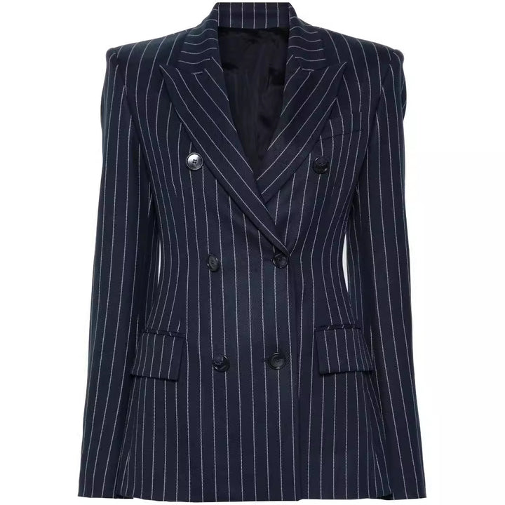 Women's Pinstripe Double-Breasted Blazer with High-Waist Flared Pants Mune Fashion