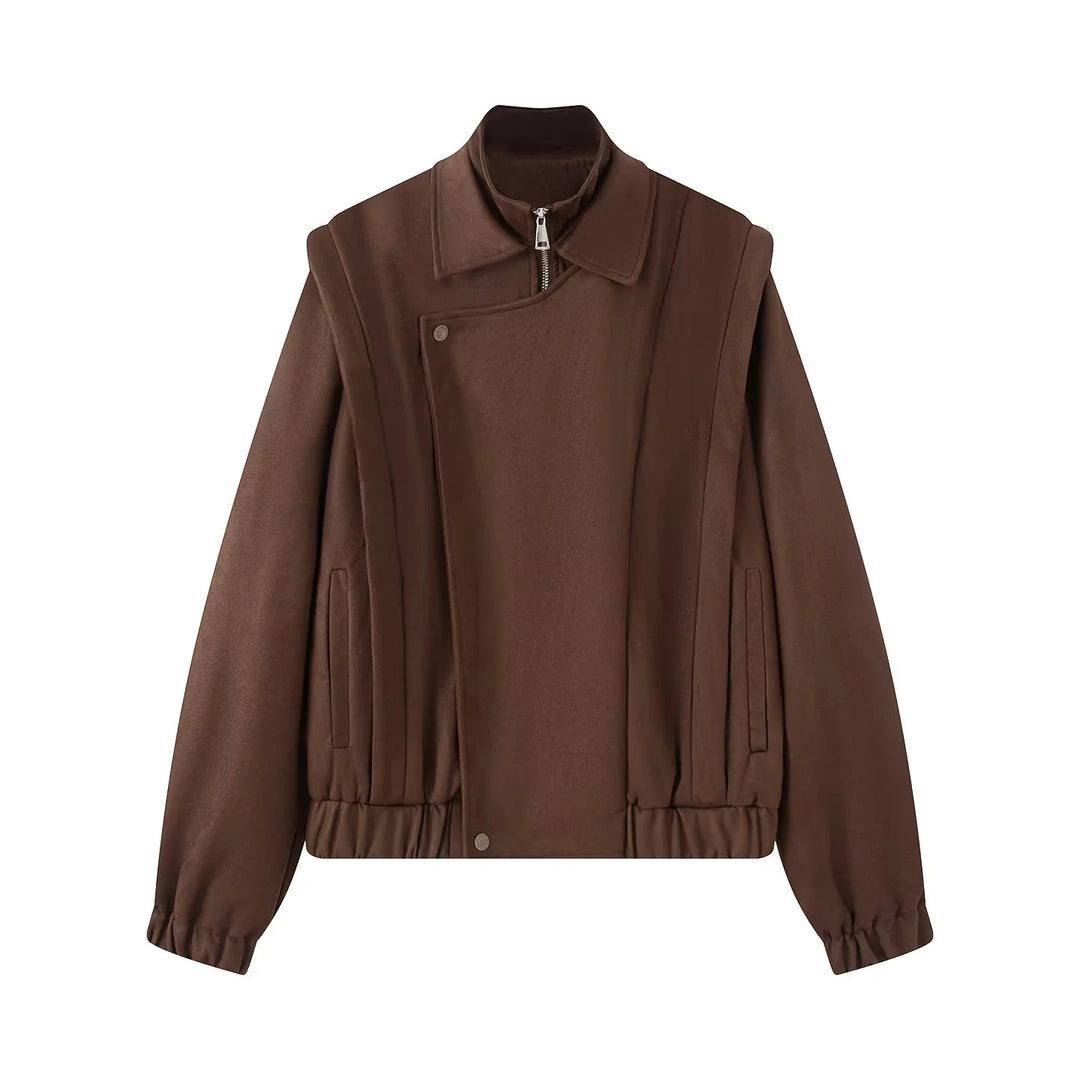 Women's short wool bomber jacket with asymmetrical zipper, stand-up collar, and elastic hem Mune Fashion