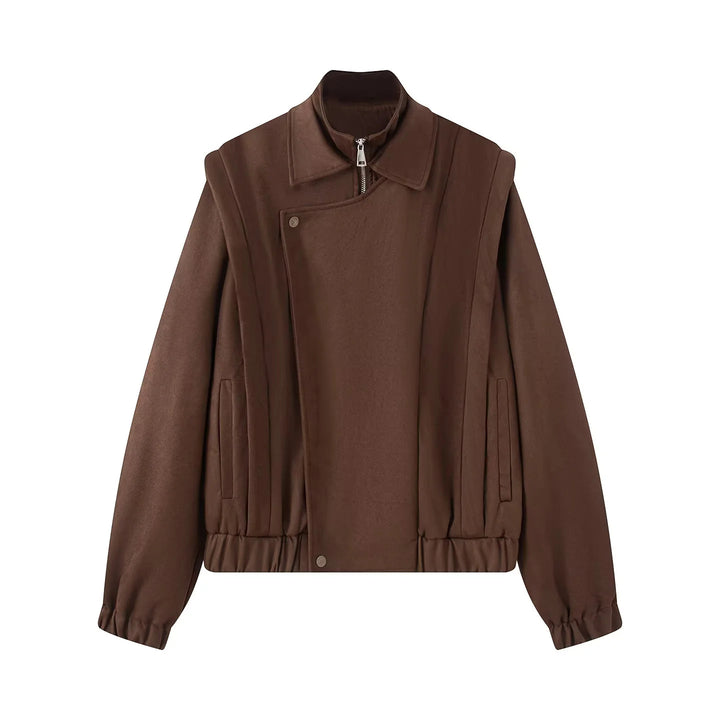 Women's short wool bomber jacket with asymmetrical zipper, stand-up collar, and elastic hem Mune Fashion