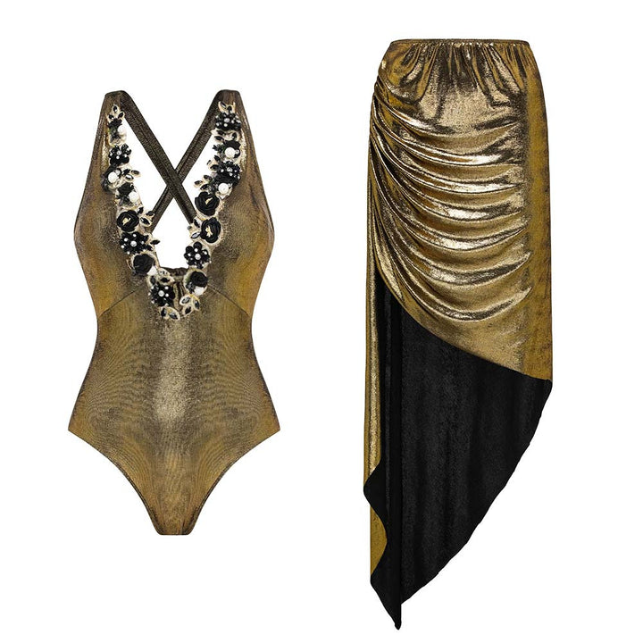 Ladies Luxurious Swimsuit with Off-Shoulder Ruffle Straps and Matching Maxi Skirt Mune Fashion