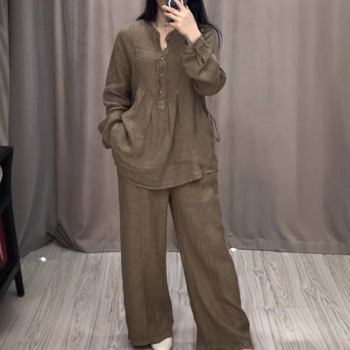 Ladies casual linen set tunic with wide leg, button placket and side pockets Mune Fashion
