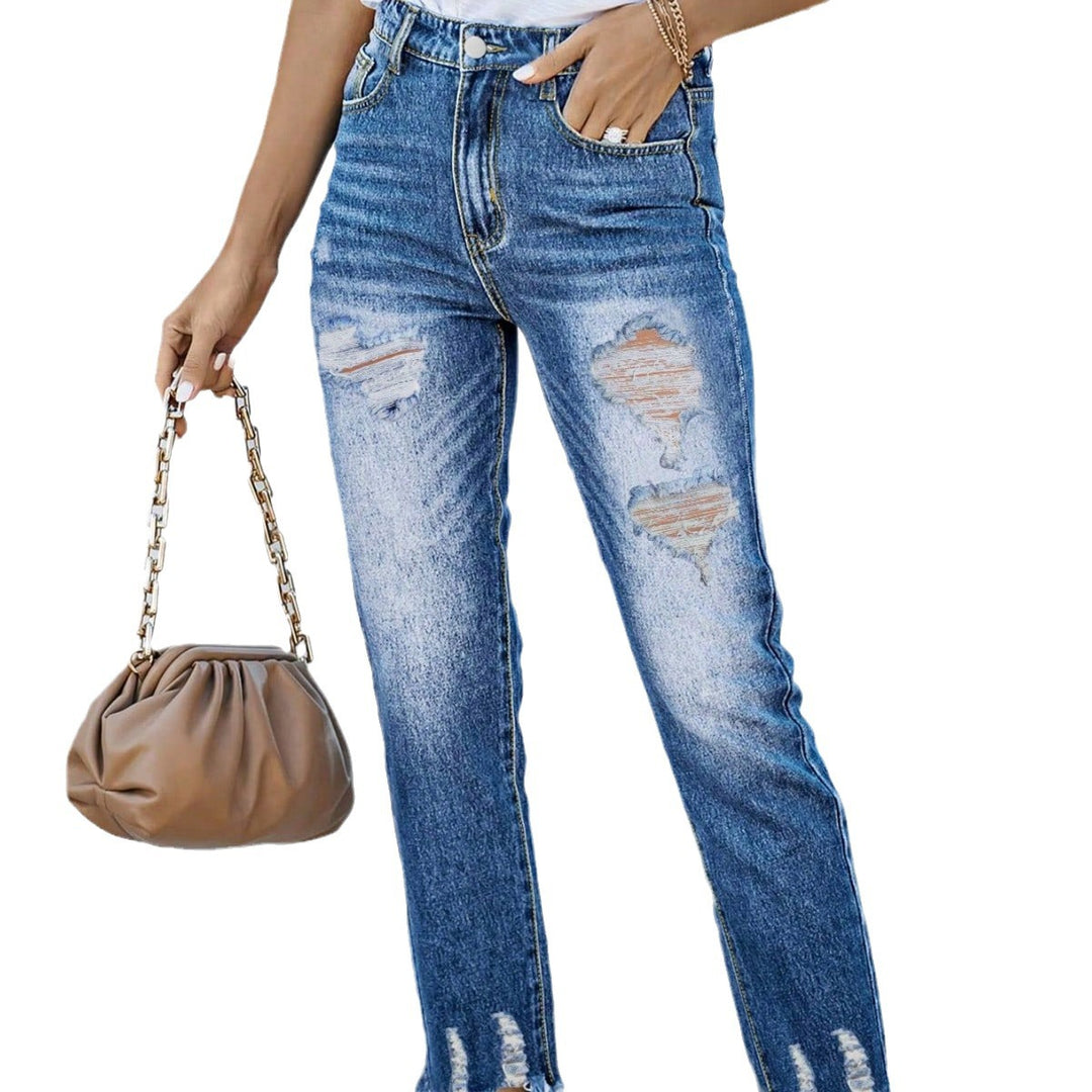 Ladies High-Waist Straight Jeans with Destroyed Details and Frayed Hem Mune Fashion