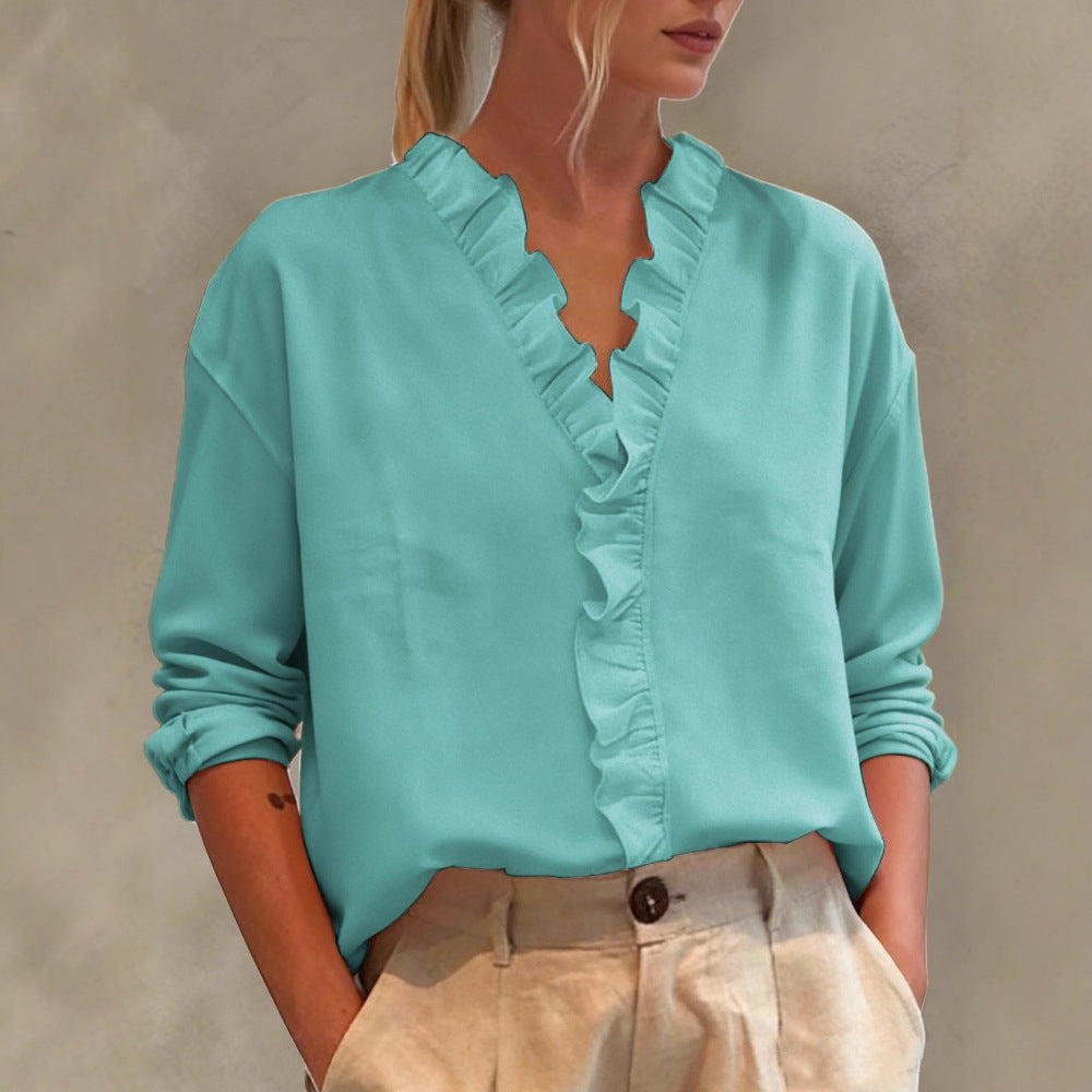 Ladies Elegant V-Neck Blouse with Ruffle Trim and Loose Oversized Cut