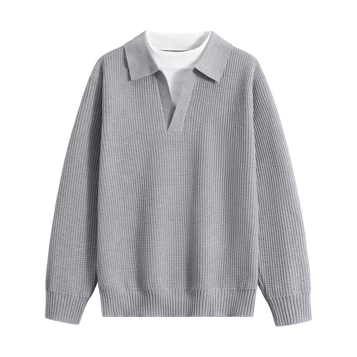 Women's chunky knit pullover with polo collar and V-neck Mune Fashion
