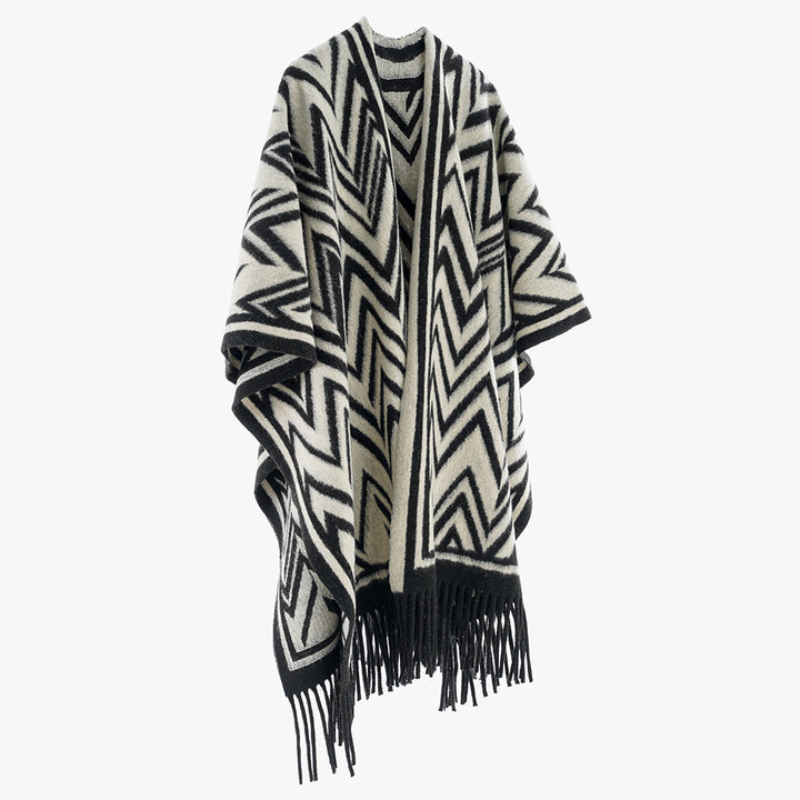Ladies Large Fringe Poncho in Oversize Cape with Geometric Zigzag Jacquard Mune Fashion
