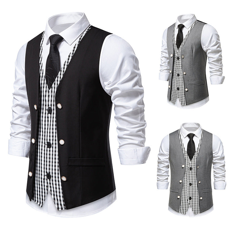 Men's two-piece layered vest with contrasting checkered inner leg and decorative mother-of-pearl buttons Mune Fashion