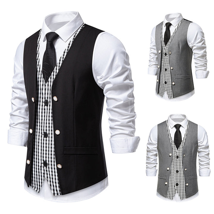 Men's two-piece layered vest with contrasting checkered inner leg and decorative mother-of-pearl buttons Mune Fashion