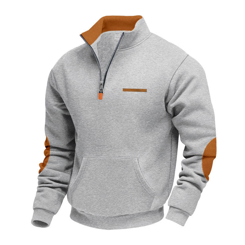 Men's half-zip sweatshirt with stand-up collar, kangaroo pocket, and elbow patches Mune Fashion