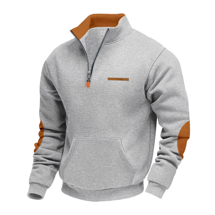 Men's half-zip sweatshirt with stand-up collar, kangaroo pocket, and elbow patches Mune Fashion