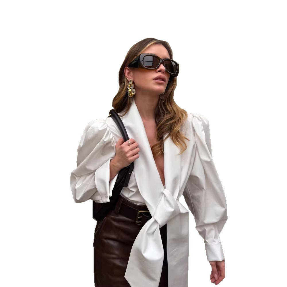Women Tailored Blouse with XXL Volume Sleeves and Front Knot Mune Fashion