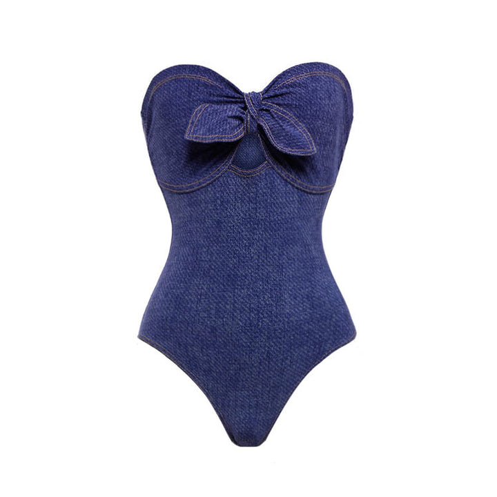 Women's bandeau swimsuit with decorative bows and striped maxi skirt Mune Fashion