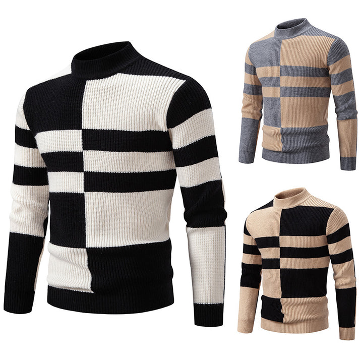 Men's chunky knit sweater with stand-up collar and contrasting block stripe pattern Mune Fashion