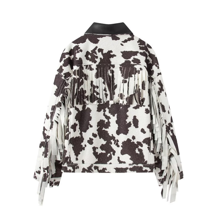 Women’s Short Jacket in Trucker Style with Cow Spot Pattern and Faux Leather Collar Mune Fashion