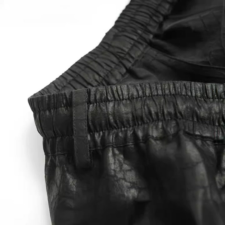 Women's Faux Leather Jogging Pants with Elastic Waistband and Drawstring Mune Fashion