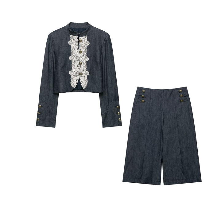 Ladies Bolero-style short jacket in vintage denim style with lace yoke and brass buttons Drune