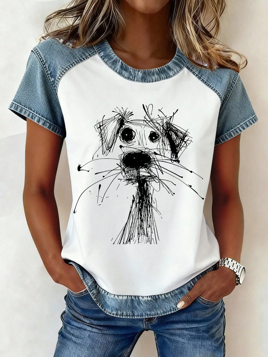 Women's Short Sleeve Shirt with Jeans Inserts and Teddy Patch Print Mune Fashion