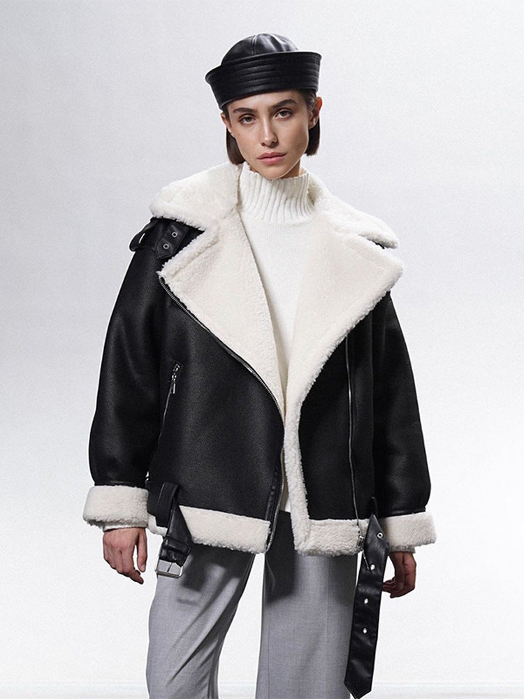 Women's Oversized Biker Jacket with Teddy Fur Lining and Adjustable Belts Mune Fashion
