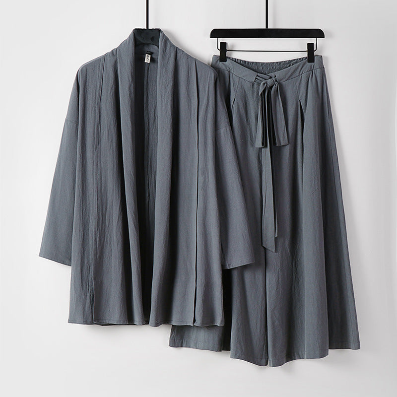 Women Two-Piece Lounge Set in Kimono Style with Open Shawl Collar and Wide Palazzo Skirt Mune Fashion