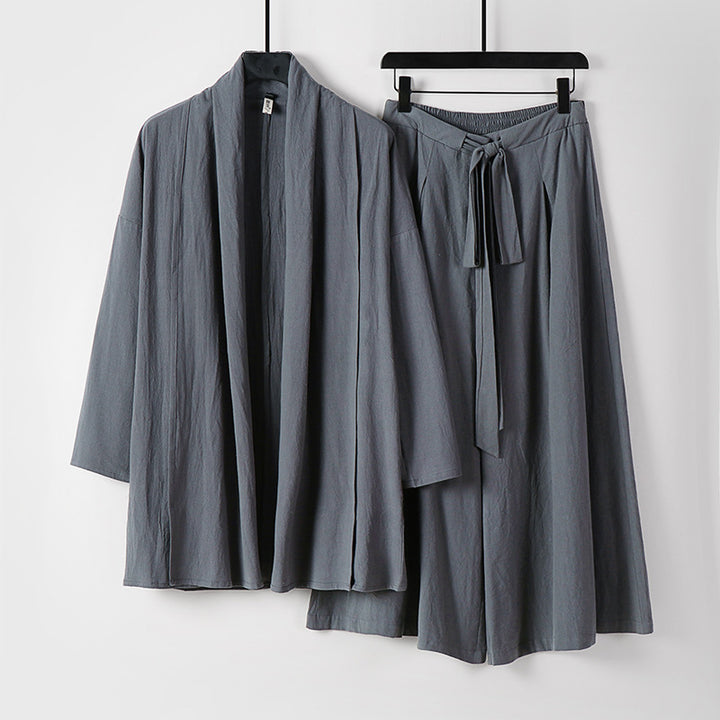 Women Two-Piece Lounge Set in Kimono Style with Open Shawl Collar and Wide Palazzo Skirt Mune Fashion