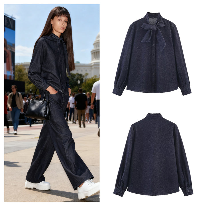Women's Shimmering Blouse with Bow Collar and Button Placket Mune Fashion
