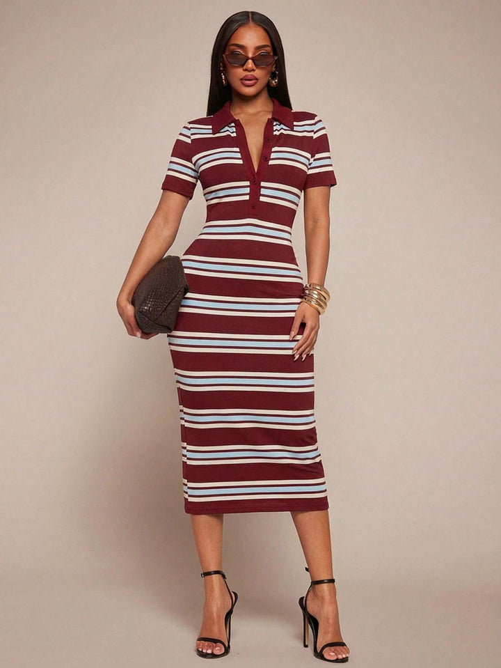Women's Fitted Polo Dress in Stripe Look made of Rib Knit with Short Sleeves Mune Fashion