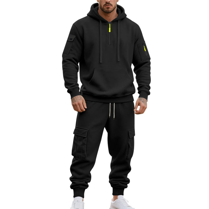 Men's two-piece utility casual set hoodie with half-high zipper, arm pocket, and cargo jogging pants with flap pockets Mune Fashion