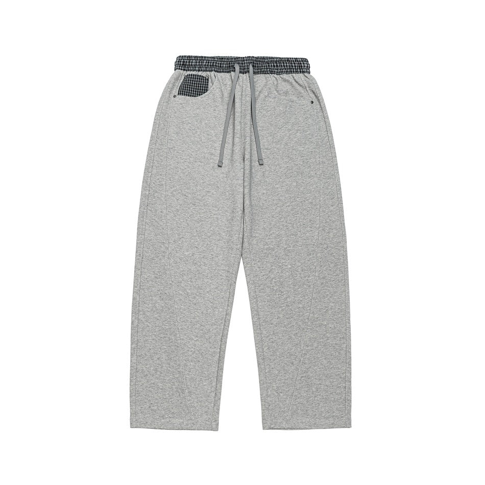 Women's Light Sweatpants with High Elastic Waistband, Check Pattern Trim and Wide Cropped Cut Mune Fashion