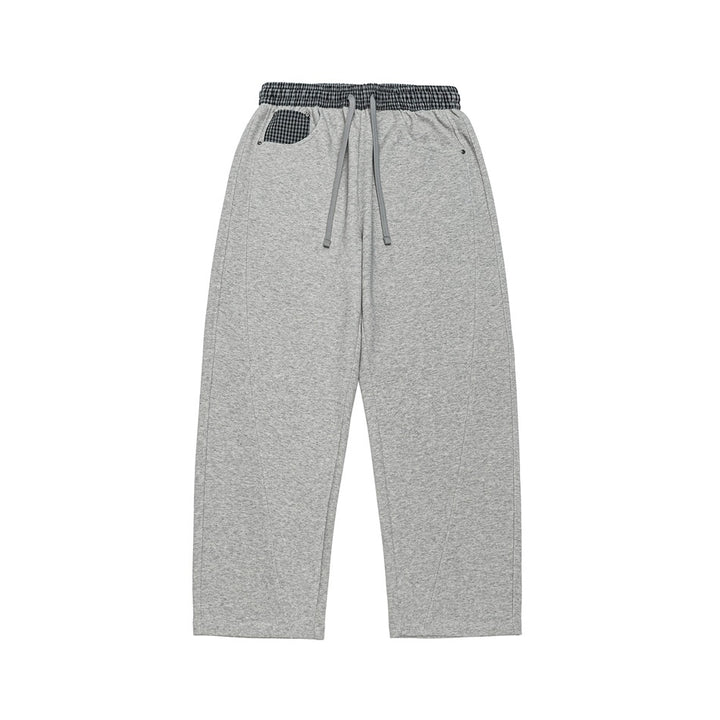 Women's Light Sweatpants with High Elastic Waistband, Check Pattern Trim and Wide Cropped Cut Mune Fashion