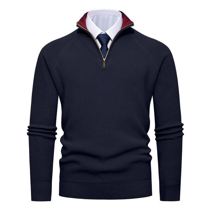 Men's fine knit pullover with half zip, structured ribbed look and inside contrasted standing collar Mune Fashion