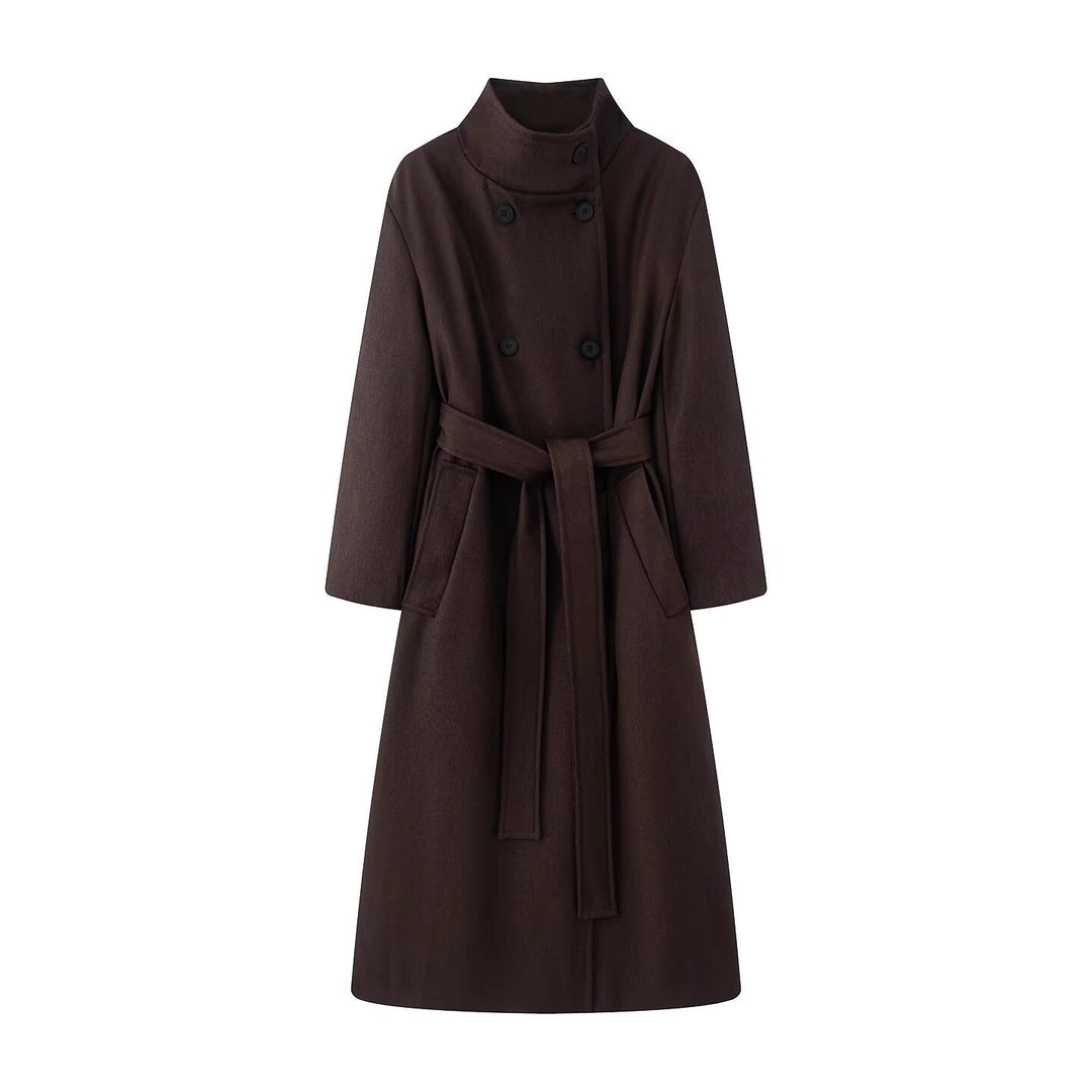 Women oversized wool blend coat with stand-up collar and tie belt Mune Fashion