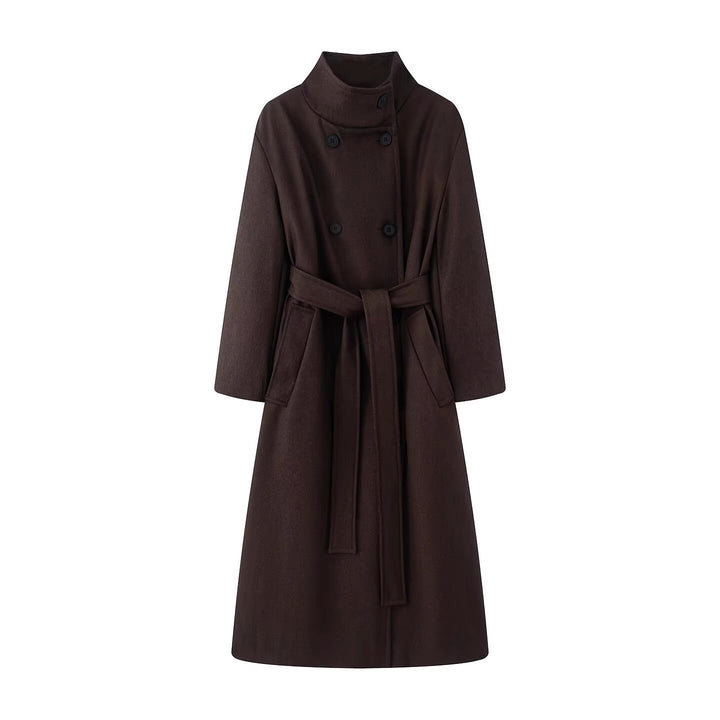 Women oversized wool blend coat with stand-up collar and tie belt Mune Fashion