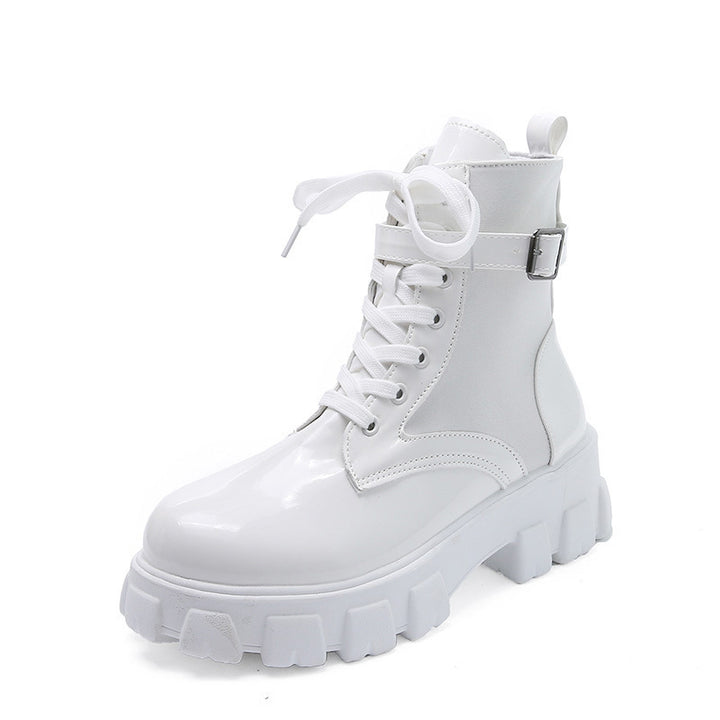 Women Chunky-Lug Ankle Boots with patented patent leather upper, lacing and adjustable buckle strap Mune Fashion