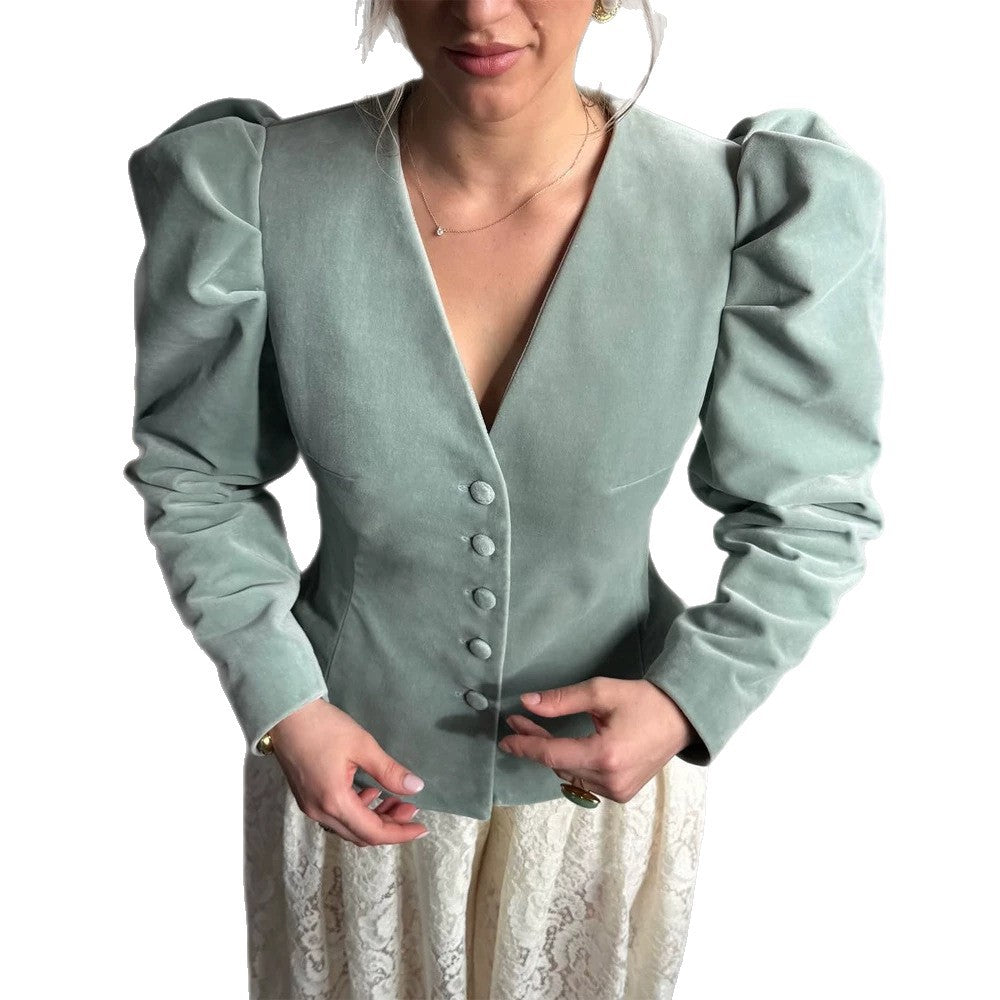 Women Fitted Velvet Blazer with Emphasized Waist, V-Neck and Voluminous Puff Sleeves Mune Fashion