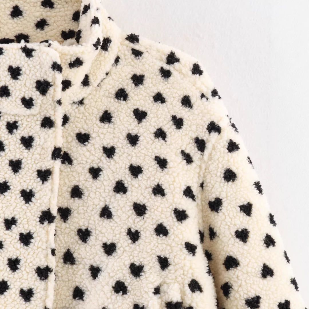 Women's Lined Teddy Jacket with Heart All-Over, Stand Collar and Drawstring Mune Fashion