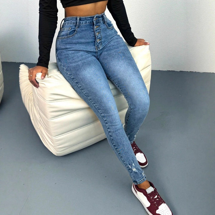 Women's high-waisted Sculpting Skinny Jeans with visible decorative button placket and ankle-length sculpting fit Mune Fashion
