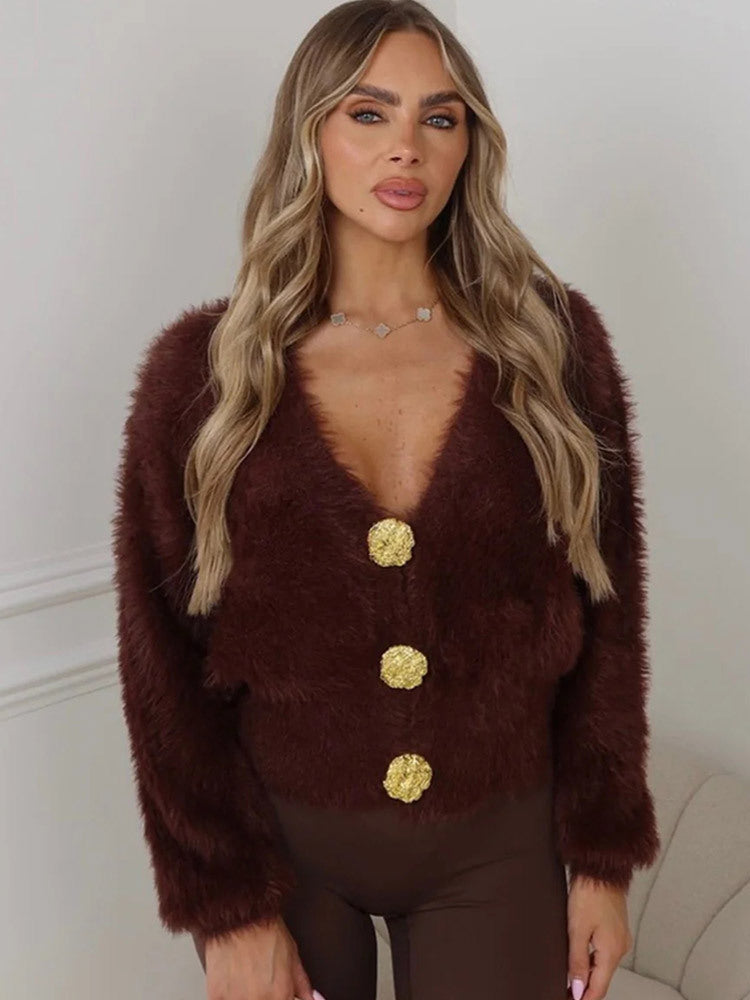 Women's Fluffy Short Jacket with V-Neck and Metallic Decorative Buttons Mune Fashion